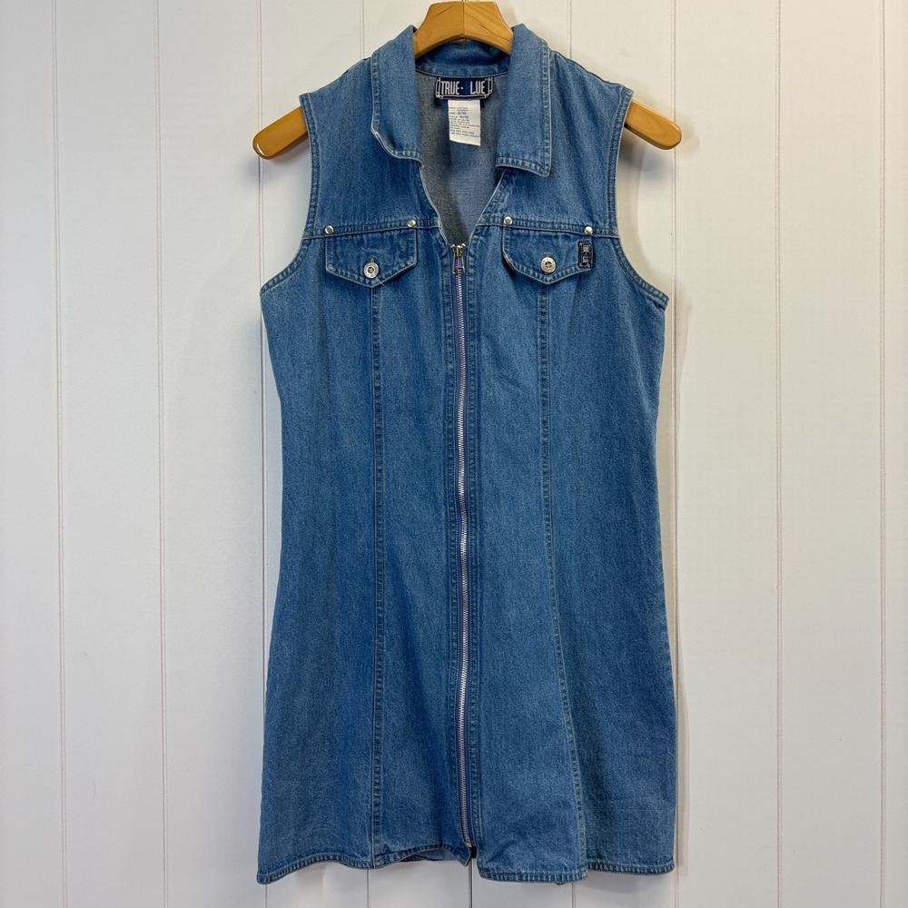 Vintage True Blue Womens 90s Western Sleeveless Zip Denim Mini Dress Size 9 Boho